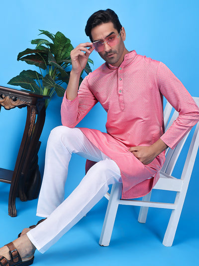 Hangup Men Partywear Weaved  Pink Kurta Pyjama Set