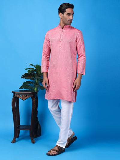 Hangup Men Partywear Weaved  Pink Kurta Pyjama Set