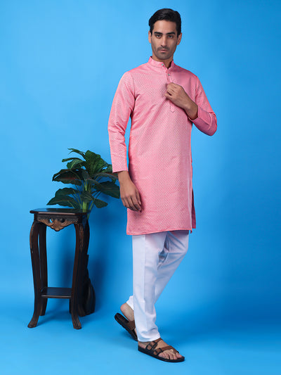 Hangup Men Partywear Weaved  Pink Kurta Pyjama Set