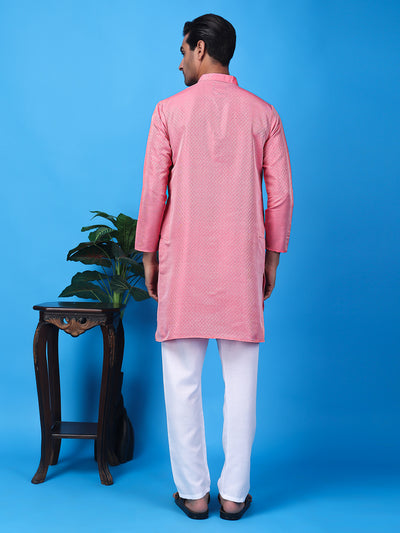 Hangup Men Partywear Weaved  Pink Kurta Pyjama Set