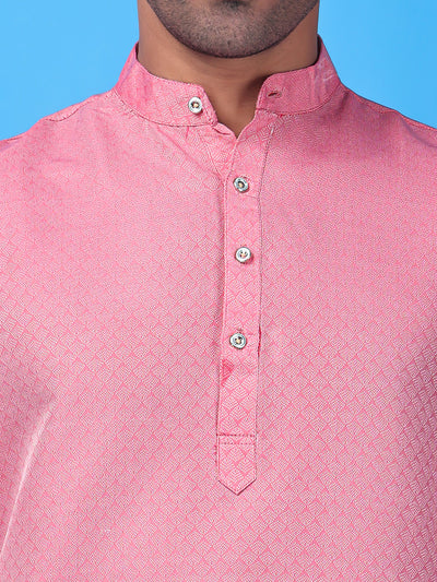 Hangup Men Partywear Weaved  Pink Kurta Pyjama Set