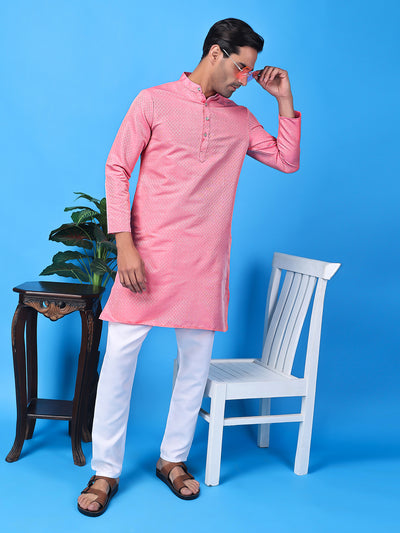 Hangup Men Partywear Weaved  Pink Kurta Pyjama Set