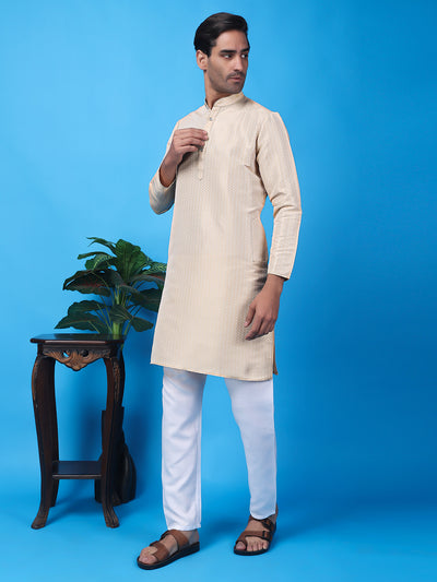 Hangup Men Partywear Weaved  Beige Kurta Pyjama Set