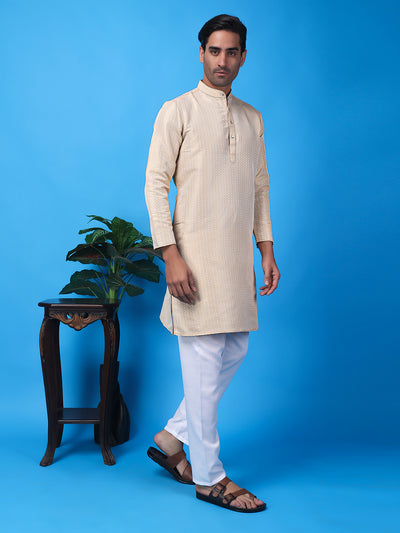 Hangup Men Partywear Weaved  Beige Kurta Pyjama Set