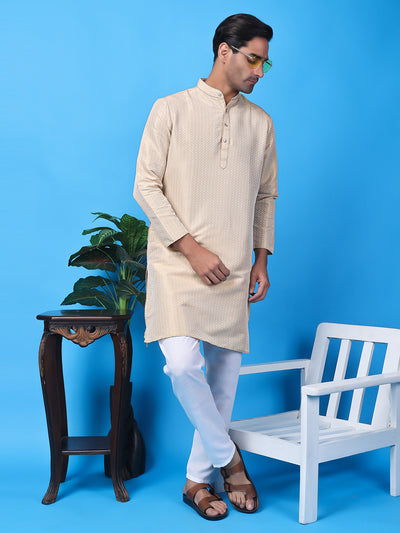 Hangup Men Partywear Weaved  Beige Kurta Pyjama Set