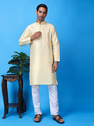 Hangup Men Partywear Weaved  OffWhite Kurta Pyjama Set