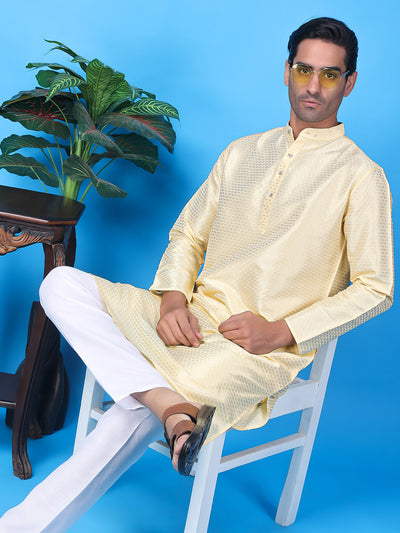 Hangup Men Partywear Weaved  OffWhite Kurta Pyjama Set