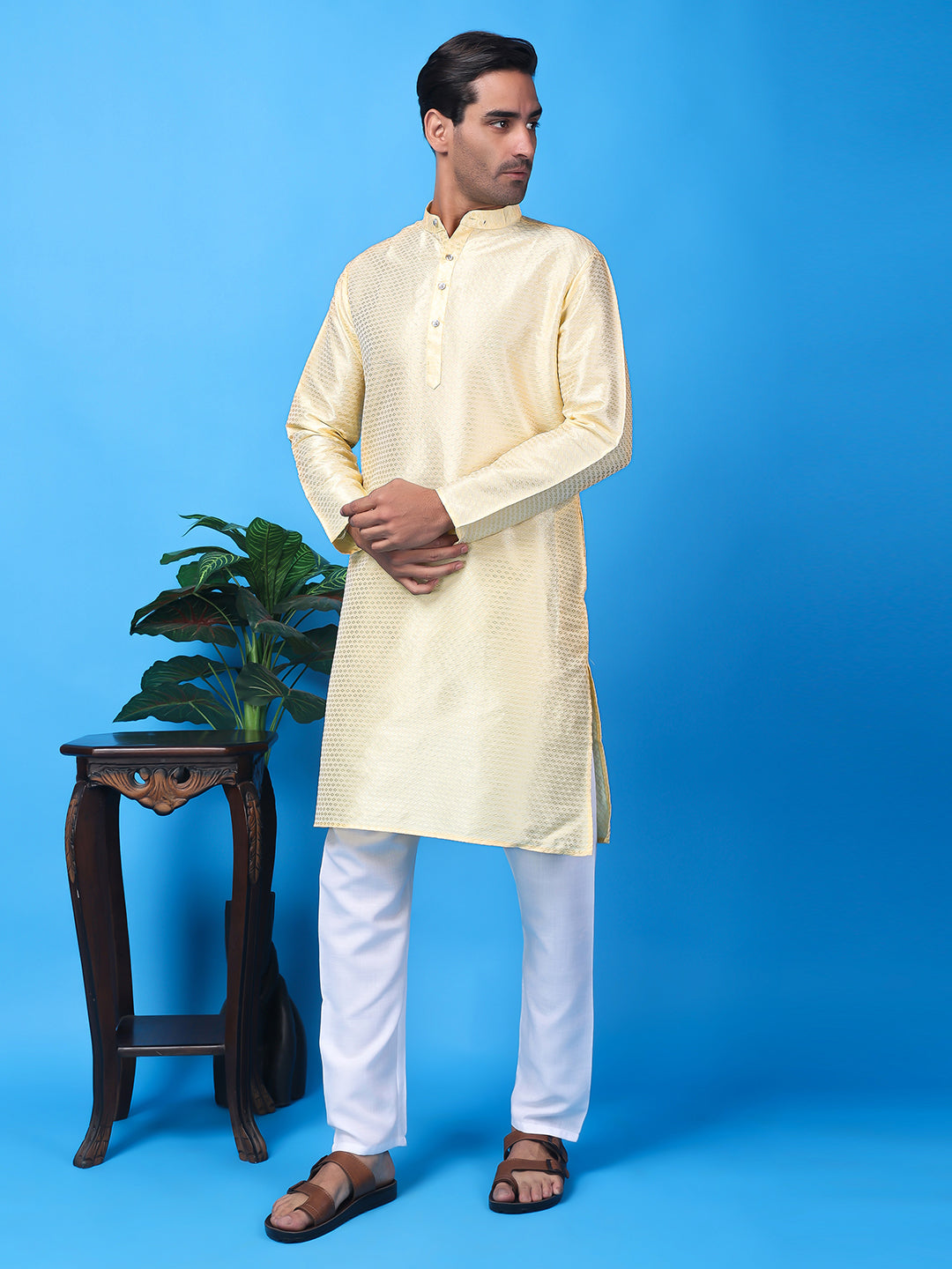 Hangup Men Partywear Weaved  OffWhite Kurta Pyjama Set