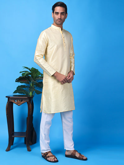 Hangup Men Partywear Weaved  OffWhite Kurta Pyjama Set