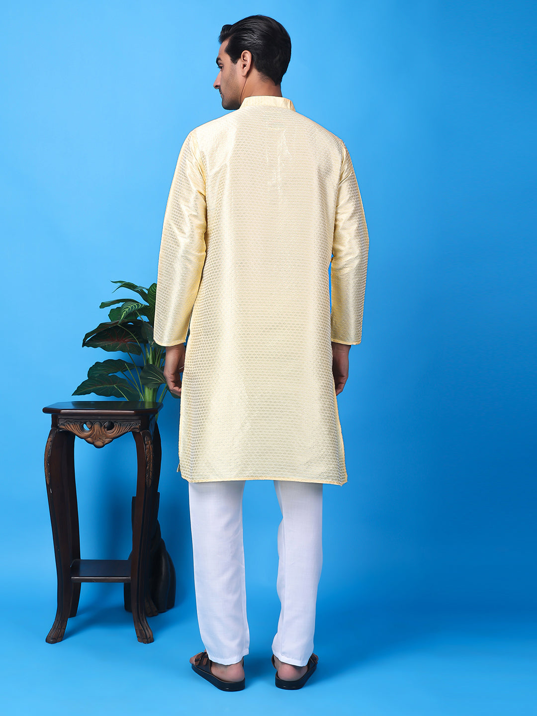 Hangup Men Partywear Weaved  OffWhite Kurta Pyjama Set