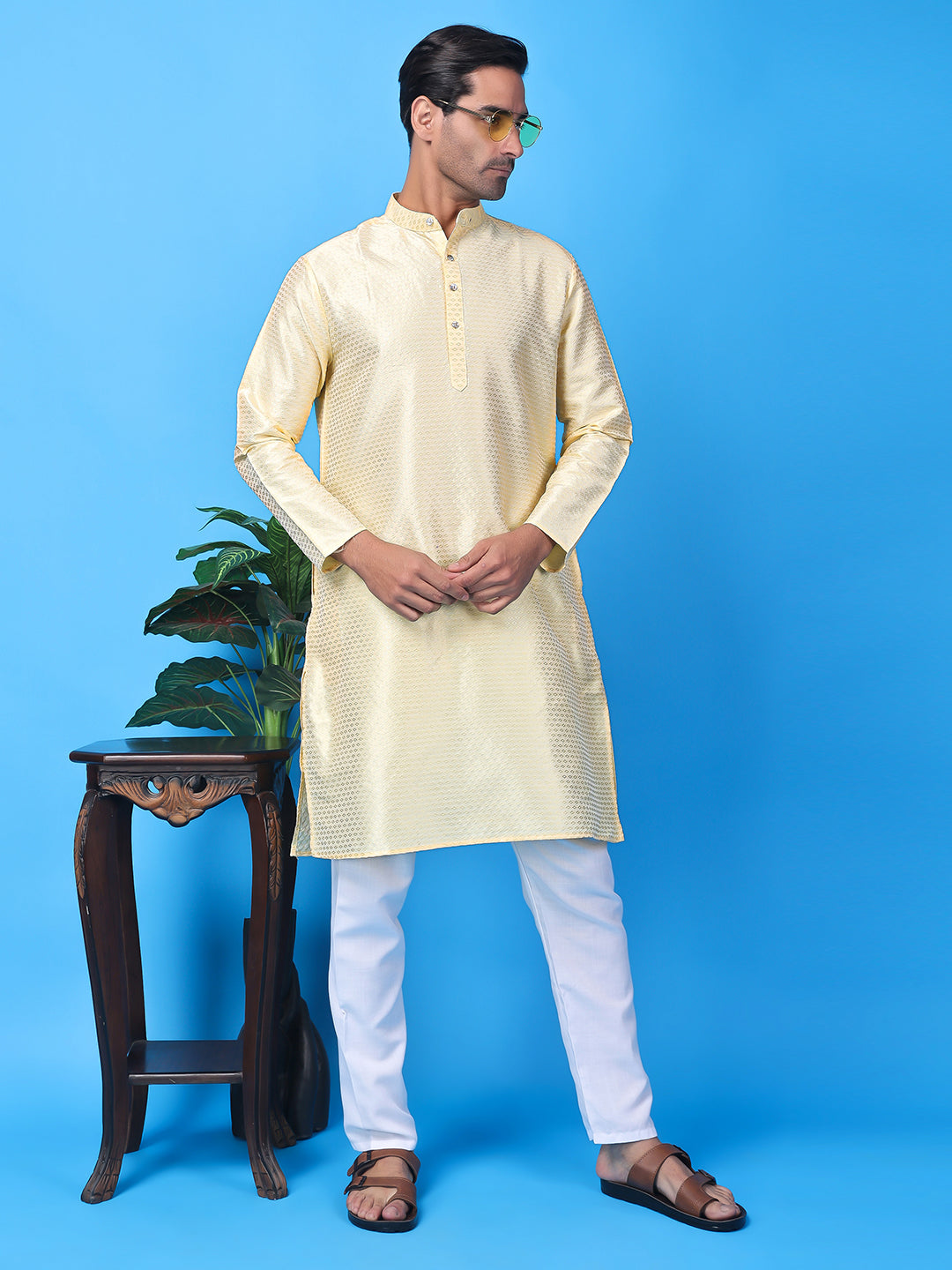 Hangup Men Partywear Weaved  OffWhite Kurta Pyjama Set