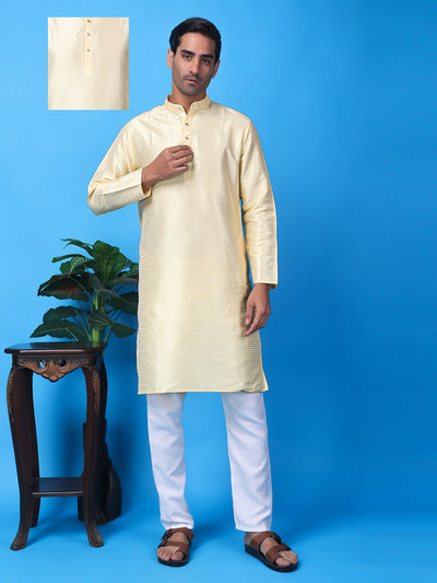 Hangup Men Partywear Weaved  OffWhite Kurta Pyjama Set