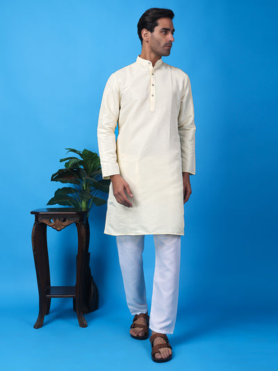 Hangup Men Partywear Weaved  White Kurta Pyjama Set