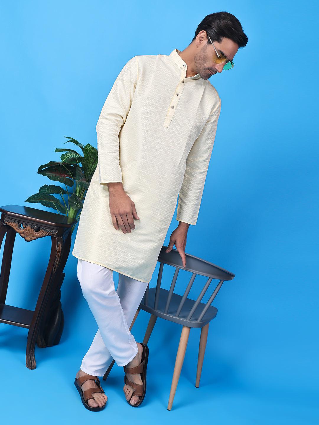 Hangup Men Partywear Weaved  White Kurta Pyjama Set