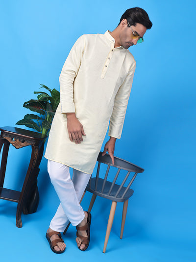 Hangup Men Partywear Weaved  White Kurta Pyjama Set