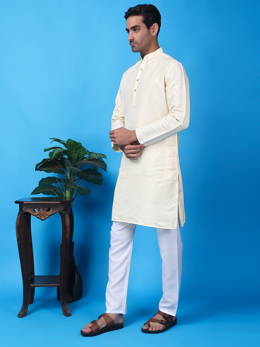 Hangup Men Partywear Weaved  White Kurta Pyjama Set