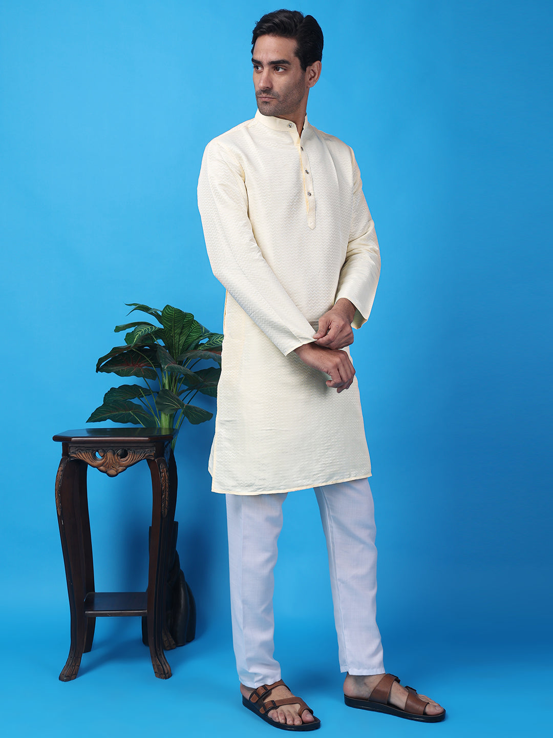 Hangup Men Partywear Weaved  White Kurta Pyjama Set