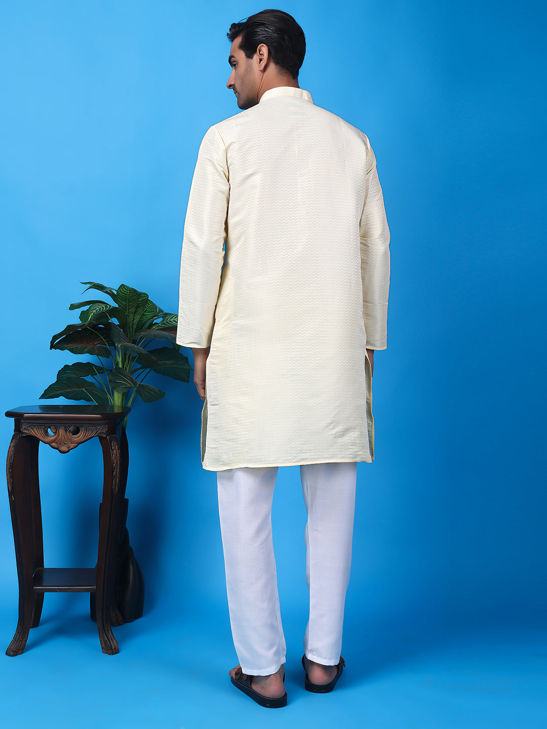 Hangup Men Partywear Weaved  White Kurta Pyjama Set