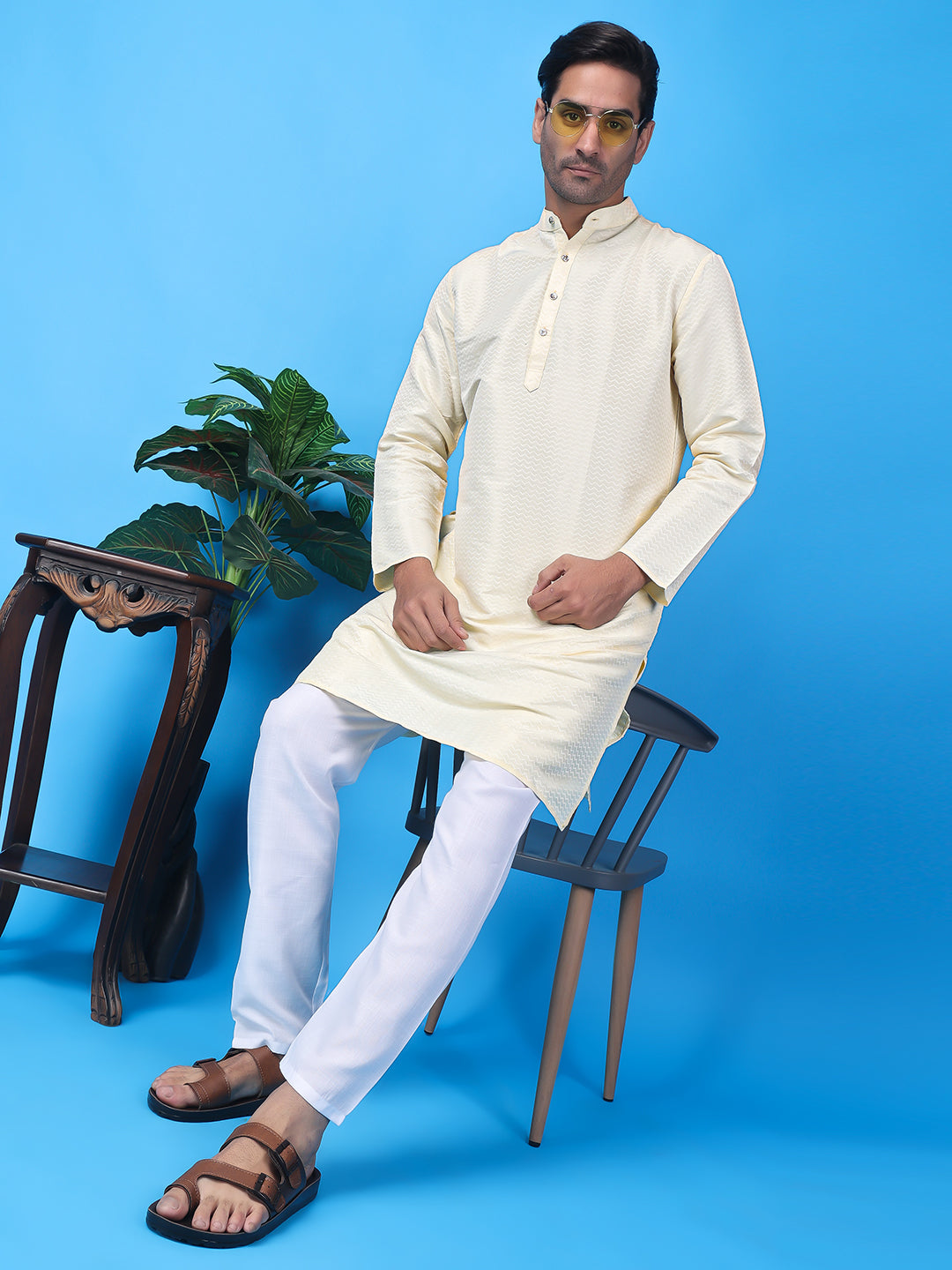 Hangup Men Partywear Weaved  White Kurta Pyjama Set