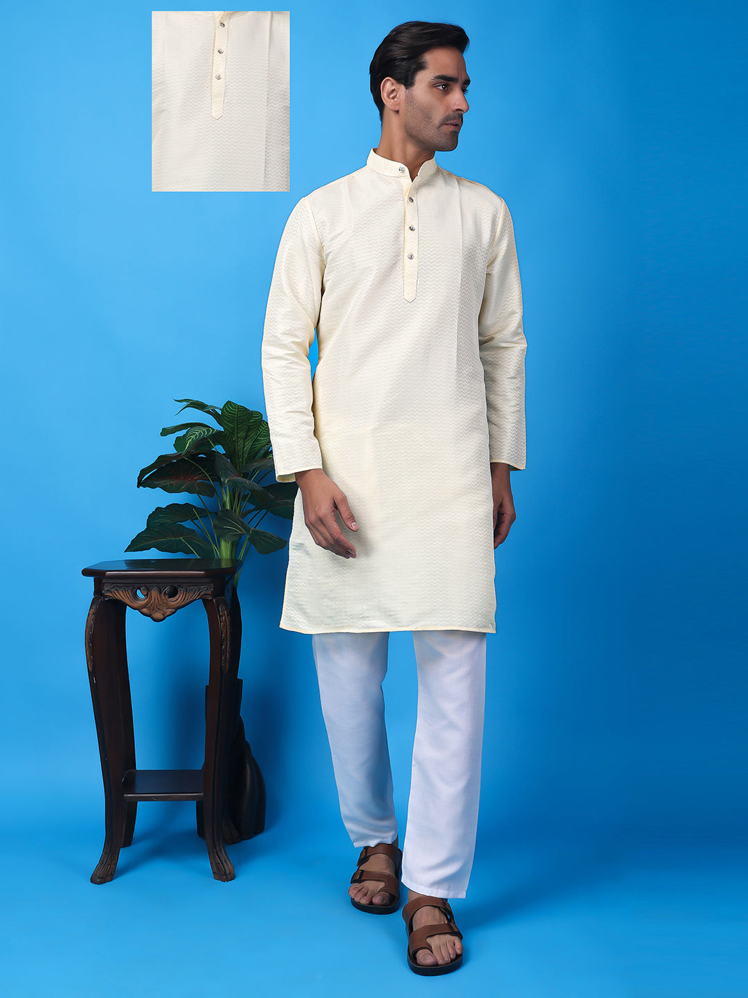 Hangup Men Partywear Weaved  White Kurta Pyjama Set