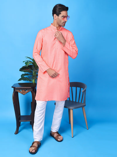 Hangup Men Partywear Weaved  Pink Kurta Pyjama Set