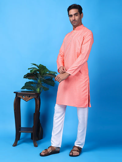 Hangup Men Partywear Weaved  Pink Kurta Pyjama Set