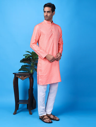 Hangup Men Partywear Weaved  Pink Kurta Pyjama Set