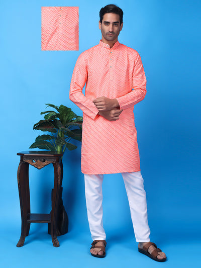 Hangup Men Partywear Weaved  Pink Kurta Pyjama Set