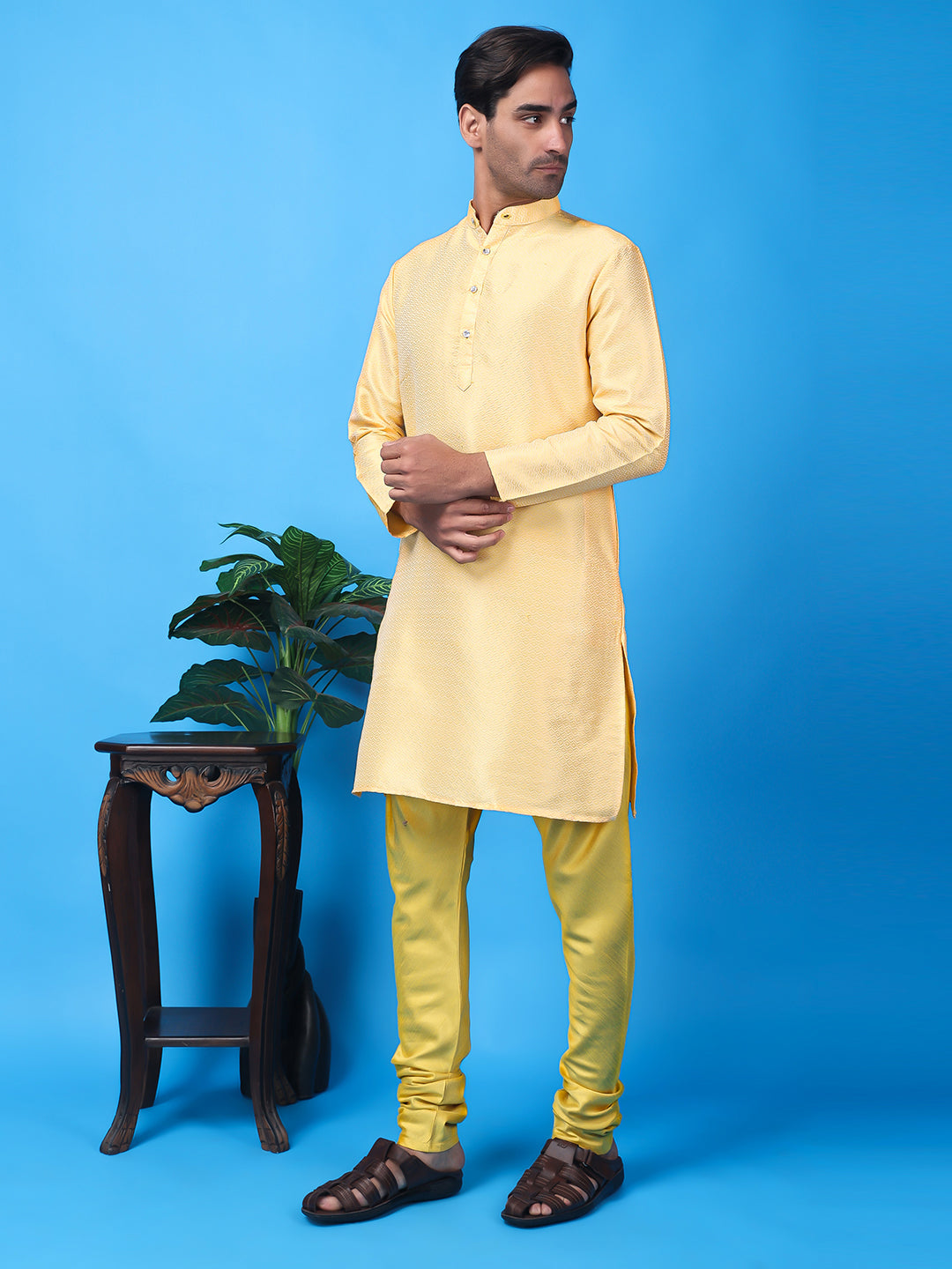 Hangup Men Partywear Weaved  Yellow Kurta Pyjama Set