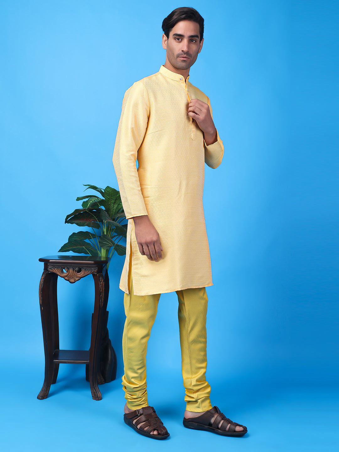 Hangup Men Partywear Weaved  Yellow Kurta Pyjama Set