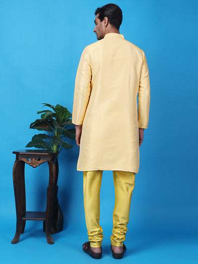 Hangup Men Partywear Weaved  Yellow Kurta Pyjama Set