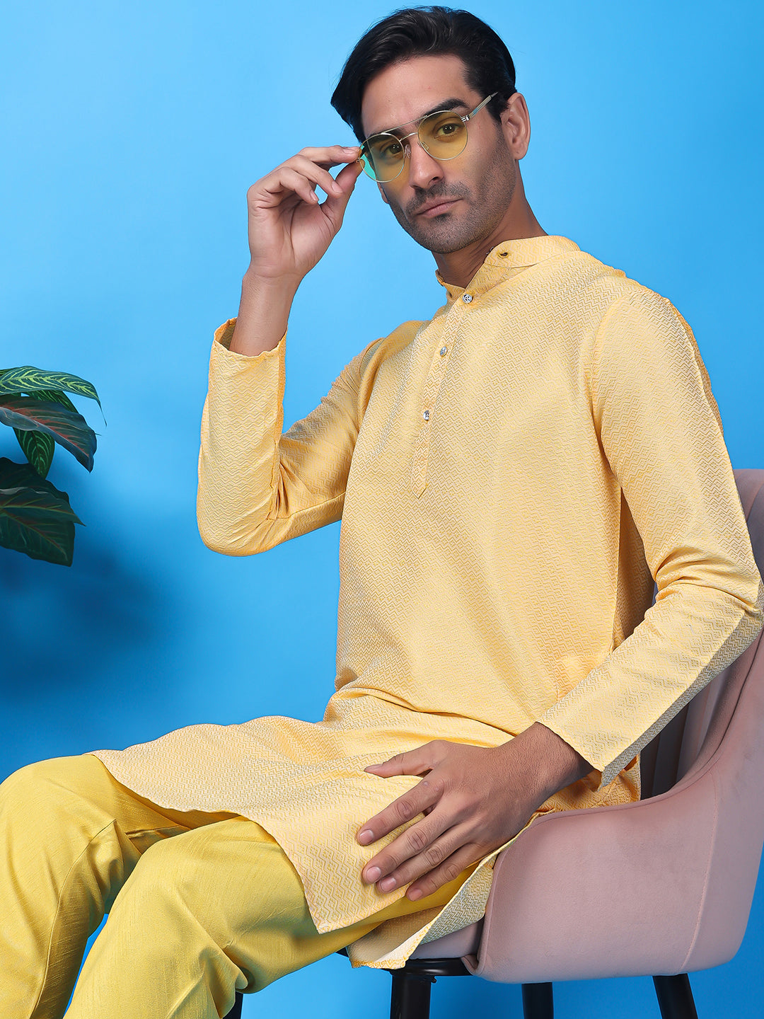 Hangup Men Partywear Weaved  Yellow Kurta Pyjama Set