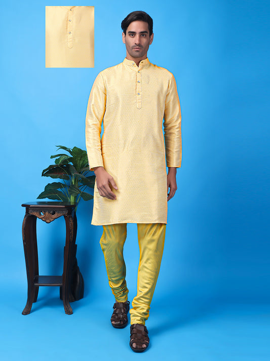 Hangup Men Partywear Weaved  Yellow Kurta Pyjama Set