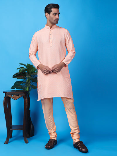 Hangup Men Partywear Weaved  Peach Kurta Pyjama Set