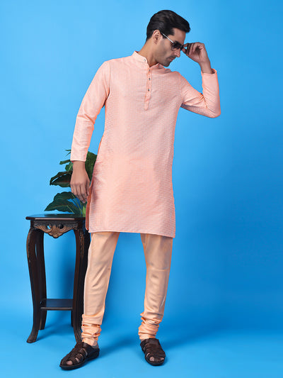 Hangup Men Partywear Weaved  Peach Kurta Pyjama Set