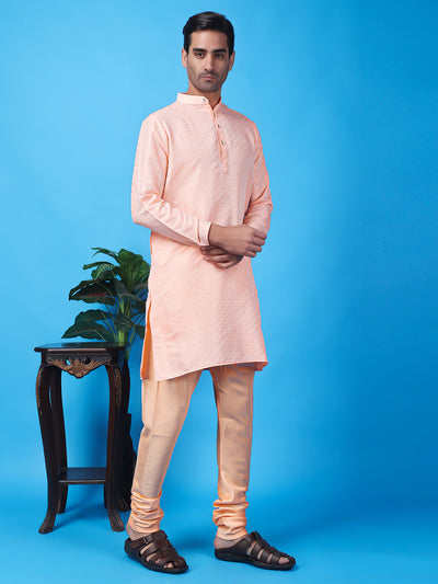 Hangup Men Partywear Weaved  Peach Kurta Pyjama Set