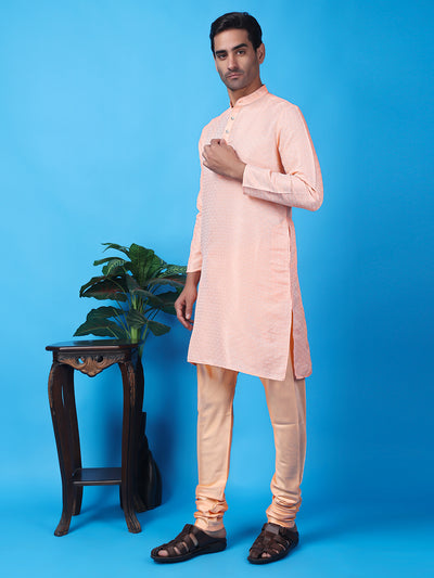 Hangup Men Partywear Weaved  Peach Kurta Pyjama Set