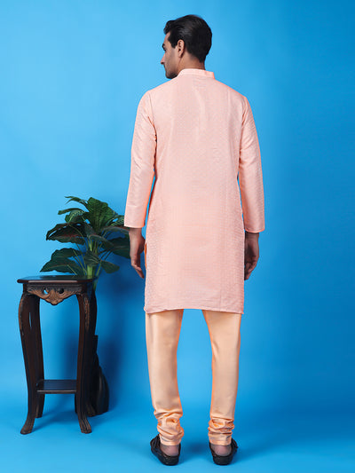 Hangup Men Partywear Weaved  Peach Kurta Pyjama Set