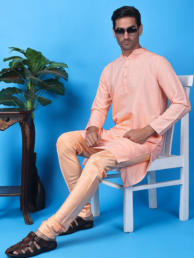 Hangup Men Partywear Weaved  Peach Kurta Pyjama Set