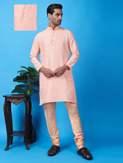 Hangup Men Partywear Weaved  Peach Kurta Pyjama Set