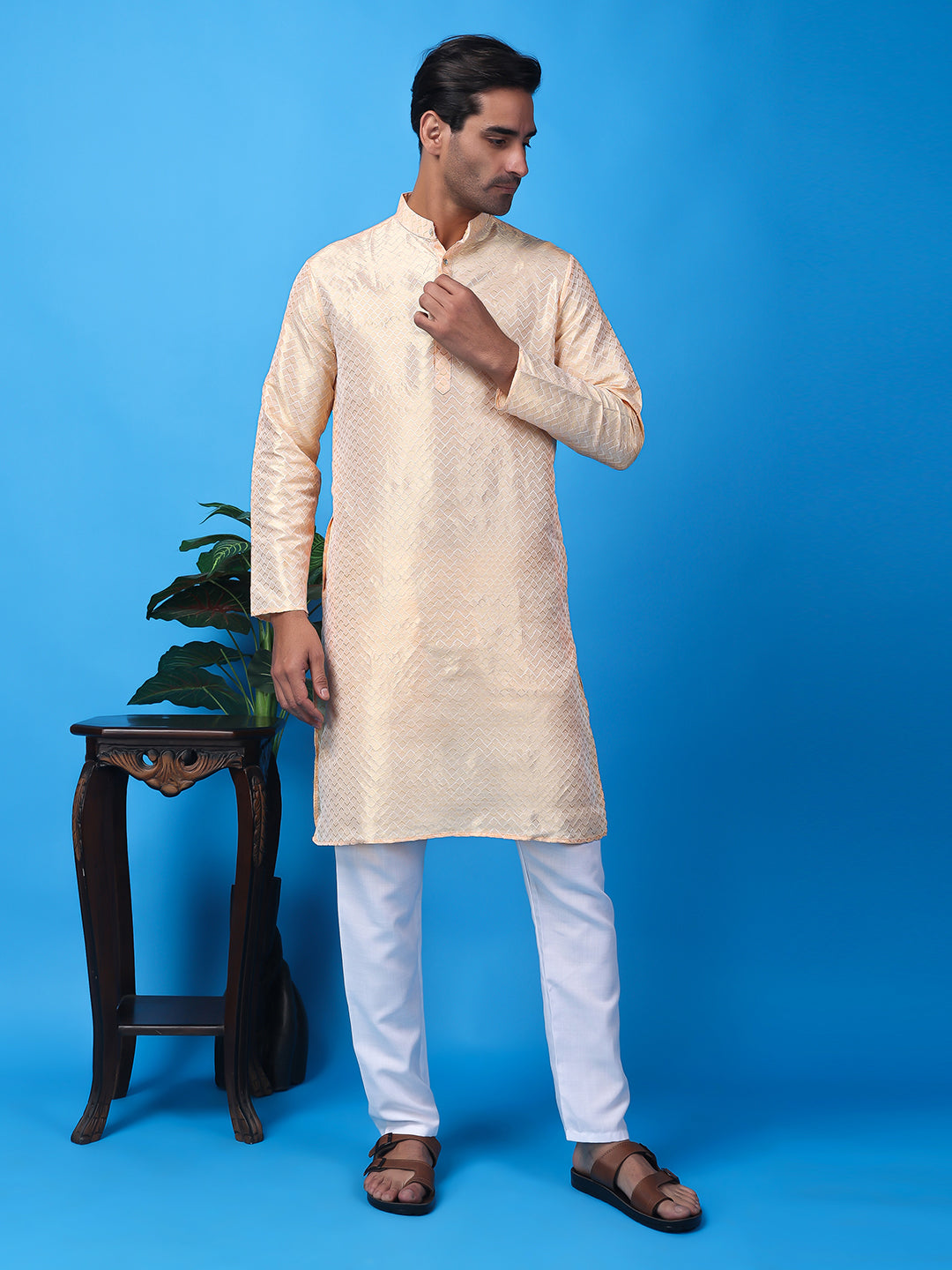 Hangup Men Partywear Weaved  OffWhite Kurta Pyjama Set