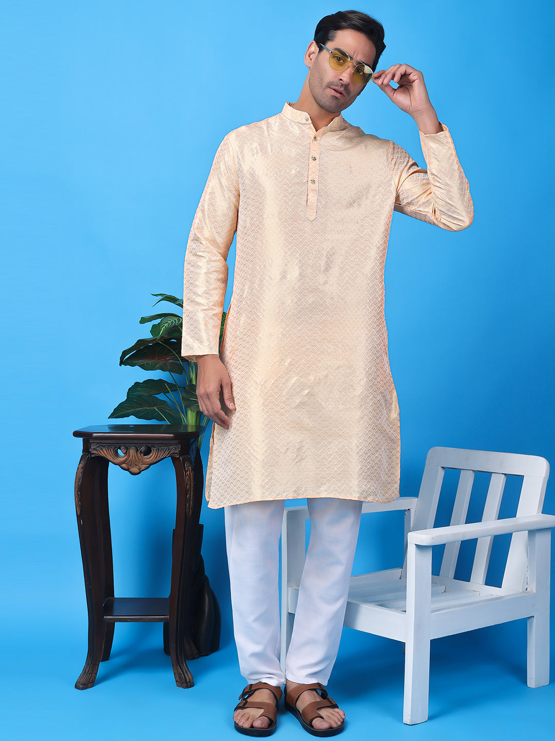 Hangup Men Partywear Weaved  OffWhite Kurta Pyjama Set