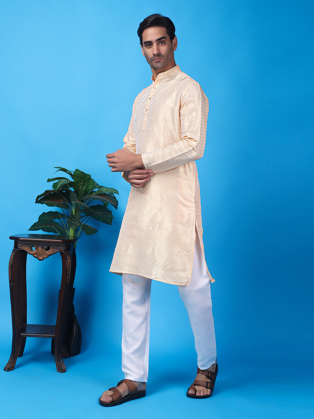 Hangup Men Partywear Weaved  OffWhite Kurta Pyjama Set