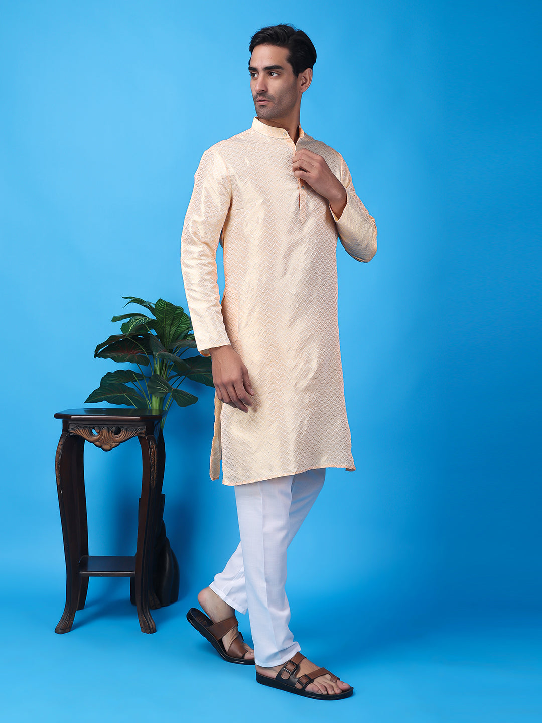 Hangup Men Partywear Weaved  OffWhite Kurta Pyjama Set