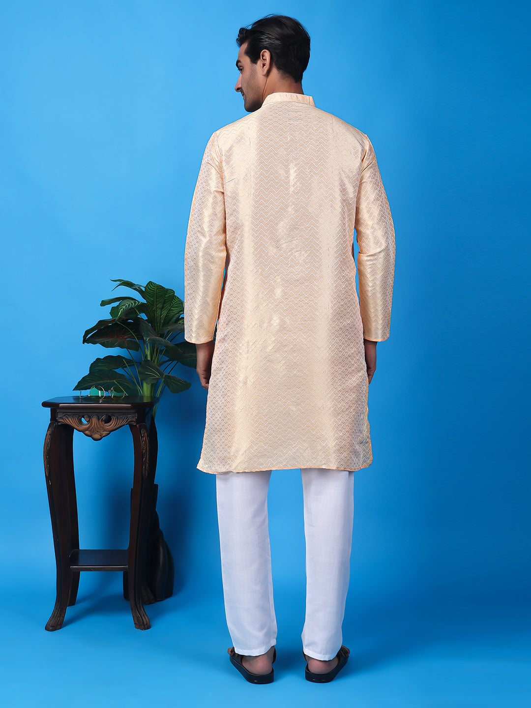 Hangup Men Partywear Weaved  OffWhite Kurta Pyjama Set