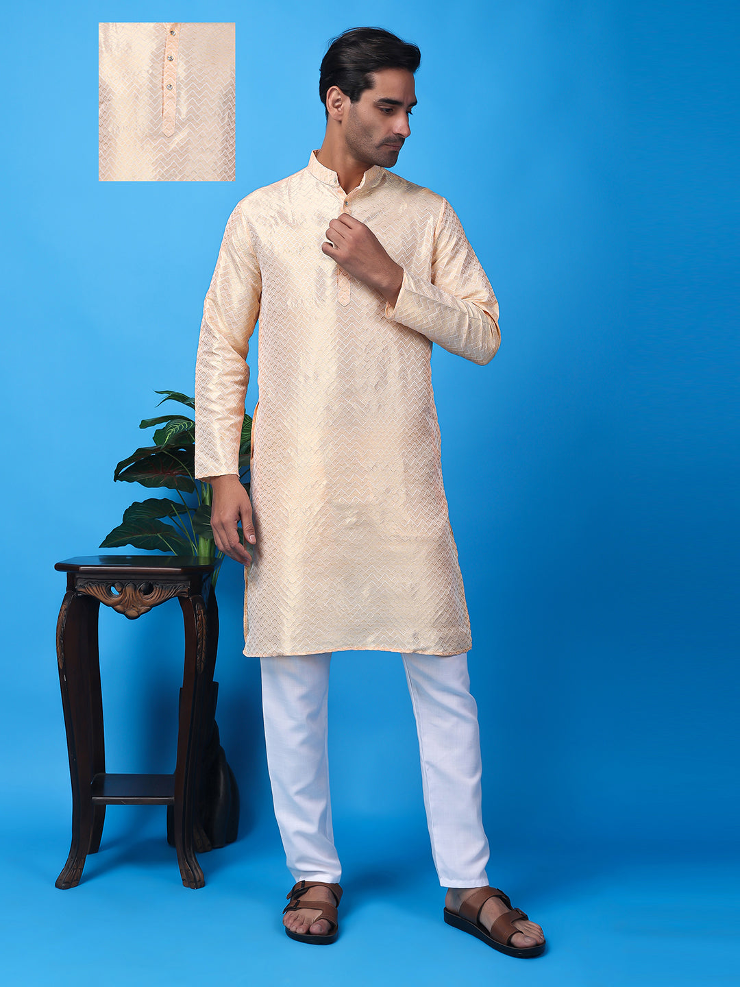 Hangup Men Partywear Weaved  OffWhite Kurta Pyjama Set