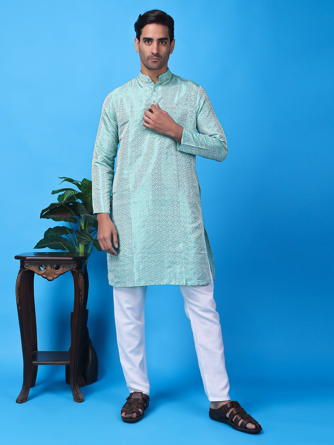 Hangup Men Partywear Weaved  Blue Kurta Pyjama Set