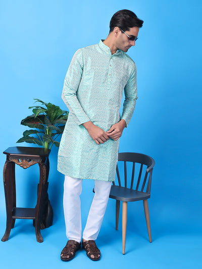 Hangup Men Partywear Weaved  Blue Kurta Pyjama Set