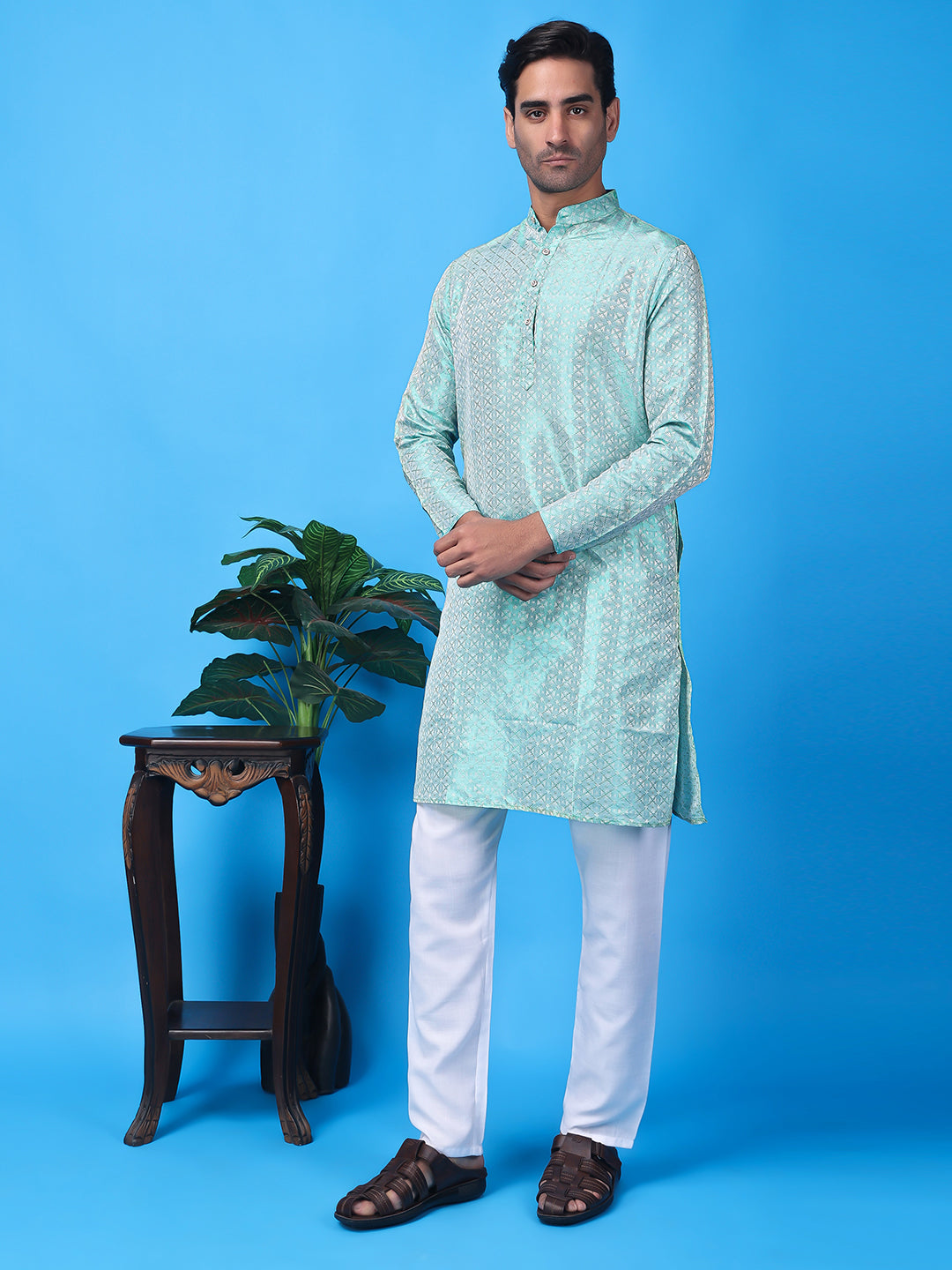 Hangup Men Partywear Weaved  Blue Kurta Pyjama Set