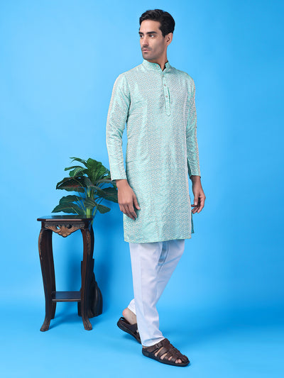 Hangup Men Partywear Weaved  Blue Kurta Pyjama Set